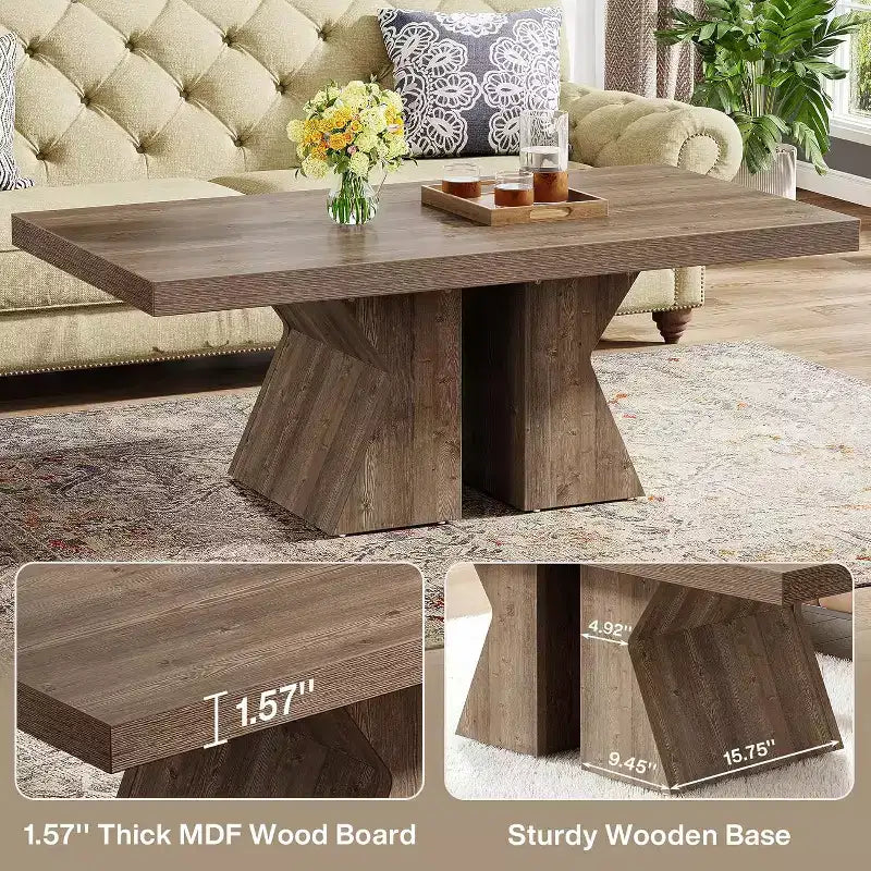 Wood Coffee Table, 47-Inch Rectangular Center Table with Thick Wooden Base, Farmhouse Wood-Look Cocktail Table for Living Room (Brown)