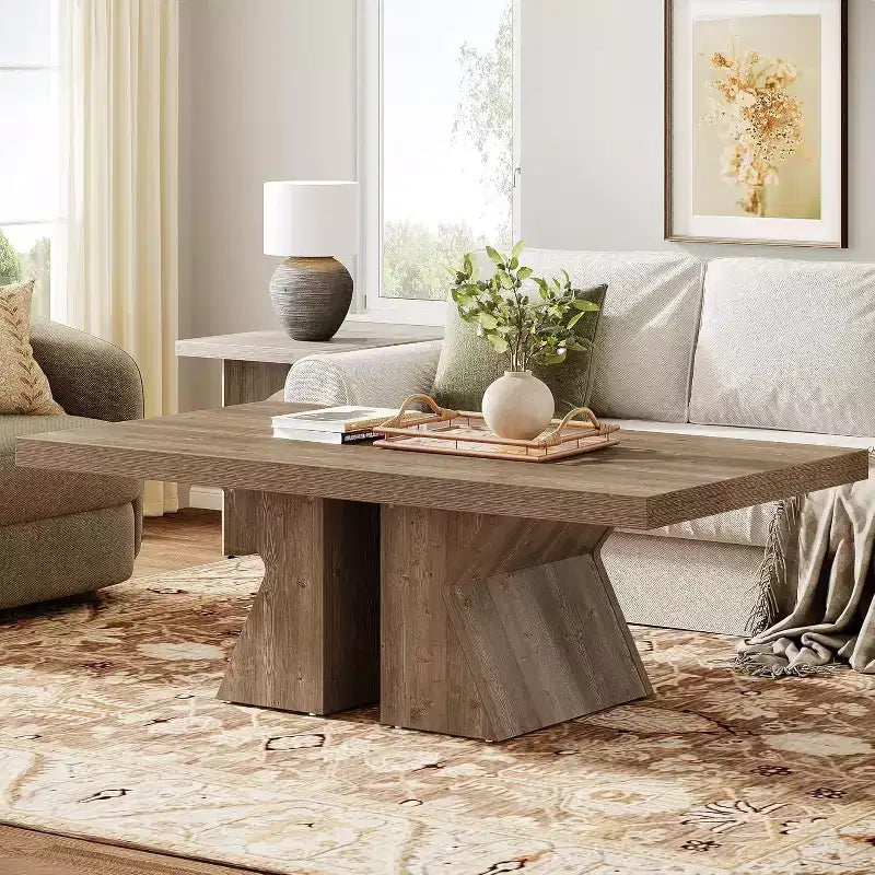 Wood Coffee Table, 47-Inch Rectangular Center Table with Thick Wooden Base, Farmhouse Wood-Look Cocktail Table for Living Room (Brown)