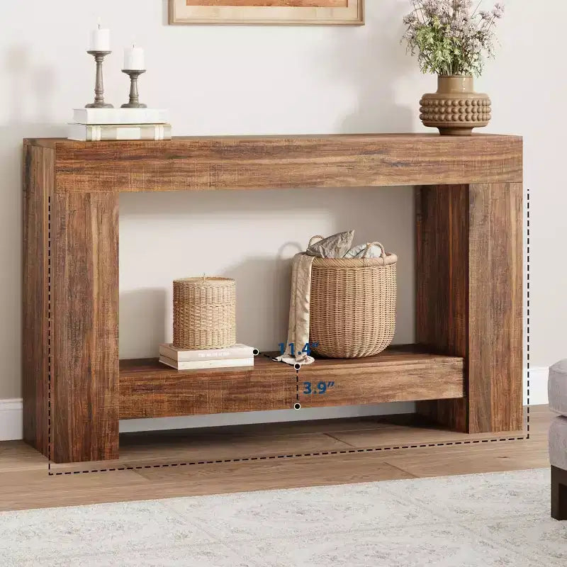 47in Farmhouse Entryway Console Table, 2-Tier Rustic Sofa Table with Metal Legs for Behind Couch Hallway Living Room