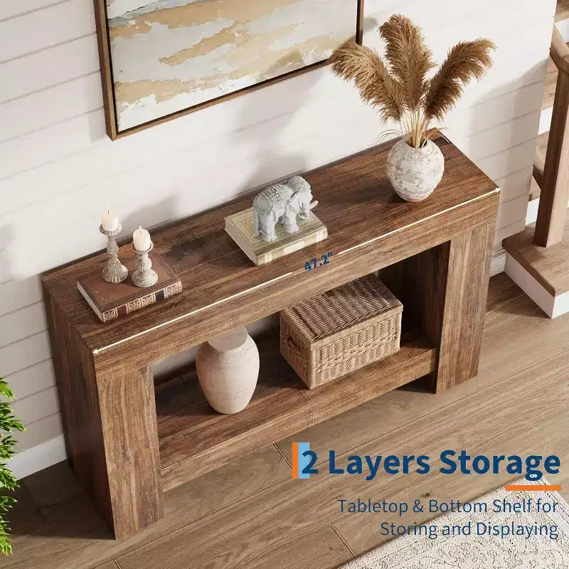 47in Farmhouse Entryway Console Table, 2-Tier Rustic Sofa Table with Metal Legs for Behind Couch Hallway Living Room