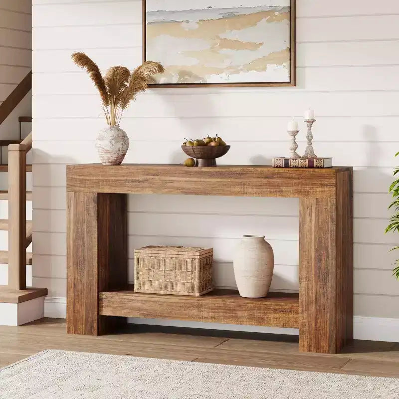 47in Farmhouse Entryway Console Table, 2-Tier Rustic Sofa Table with Metal Legs for Behind Couch Hallway Living Room