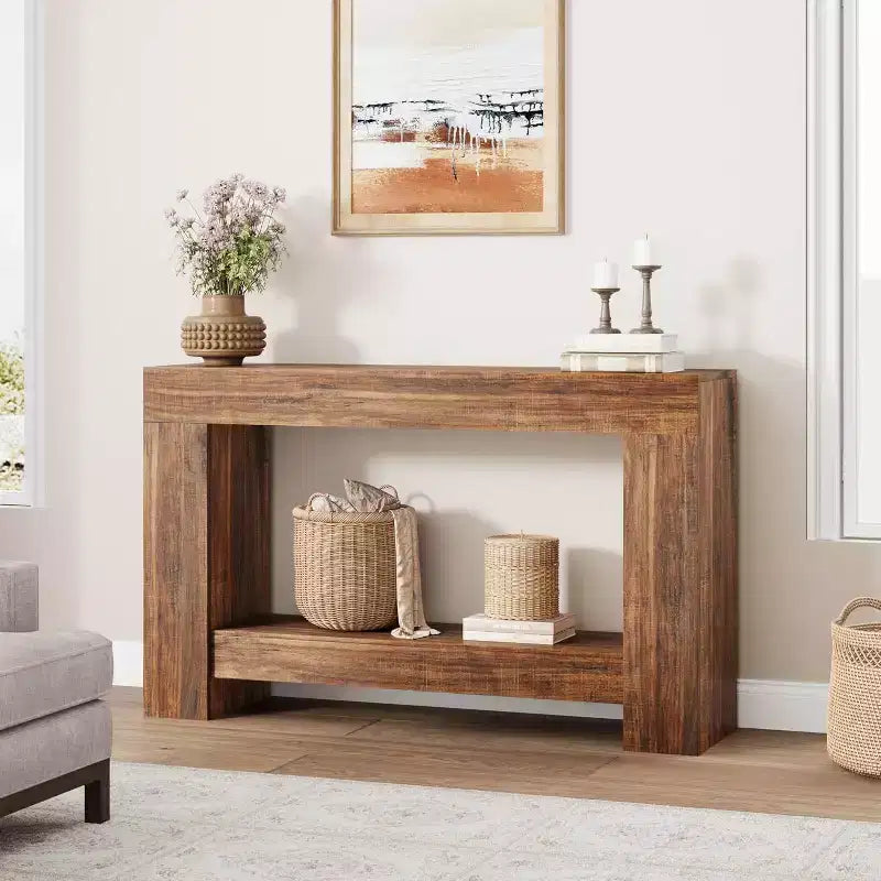 47in Farmhouse Entryway Console Table, 2-Tier Rustic Sofa Table with Metal Legs for Behind Couch Hallway Living Room