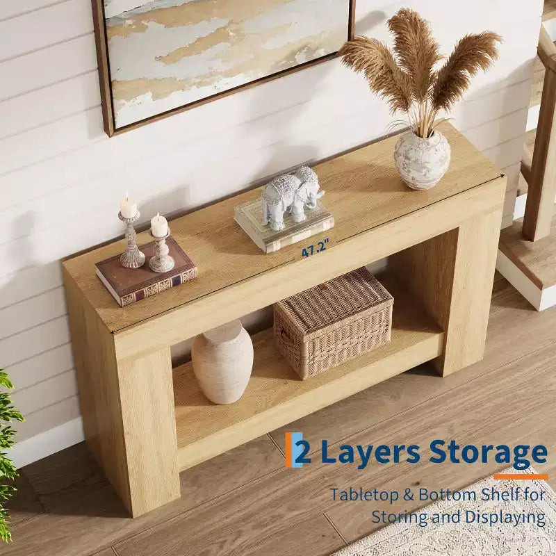 47in Farmhouse Entryway Console Table, 2-Tier Rustic Sofa Table with Metal Legs for Behind Couch Hallway Living Room