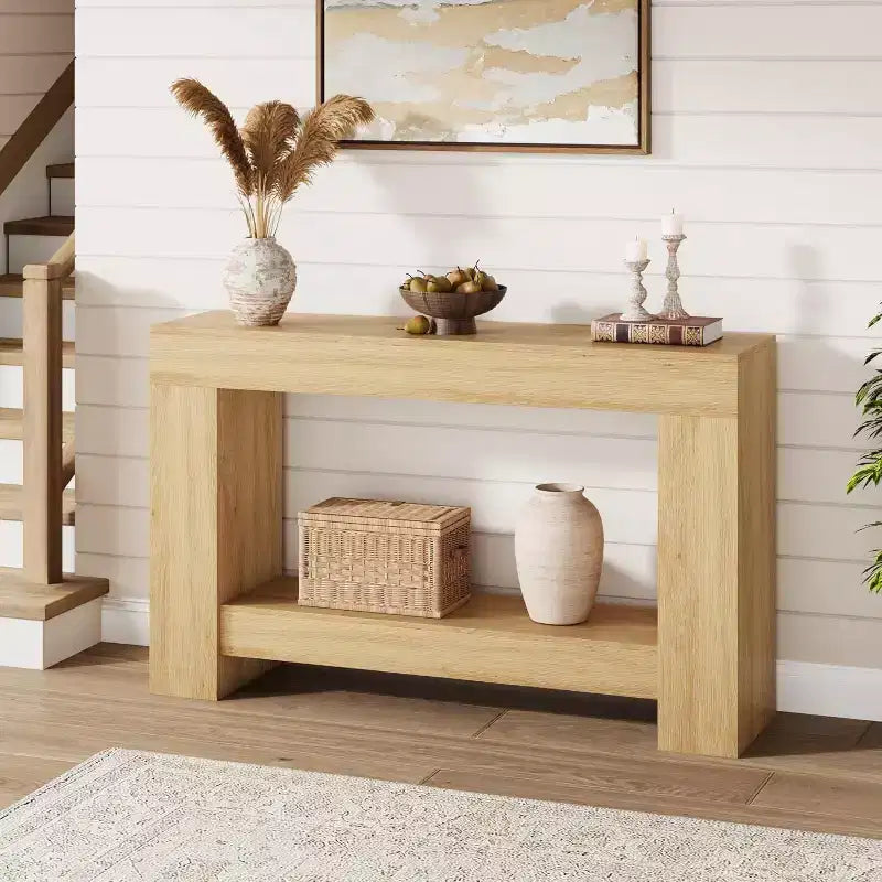 47in Farmhouse Entryway Console Table, 2-Tier Rustic Sofa Table with Metal Legs for Behind Couch Hallway Living Room