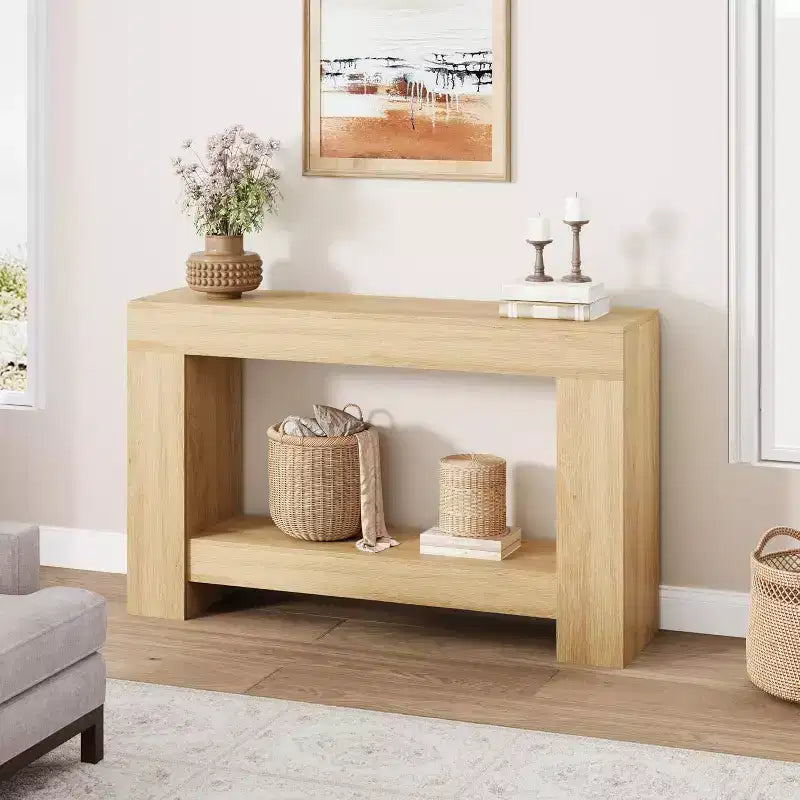 47in Farmhouse Entryway Console Table, 2-Tier Rustic Sofa Table with Metal Legs for Behind Couch Hallway Living Room