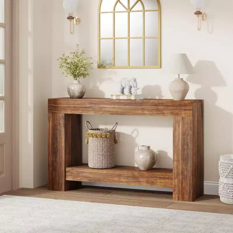 47in Farmhouse Entryway Console Table, 2-Tier Rustic Sofa Table with Metal Legs for Behind Couch Hallway Living Room