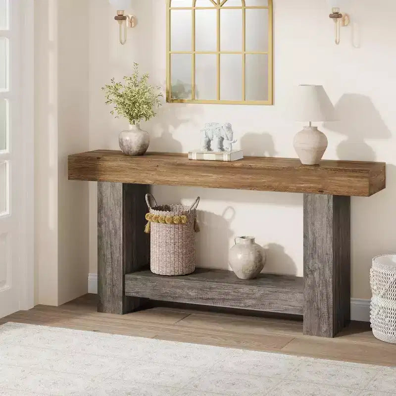 63 Farmhouse Console Table with 2-Tier Storage, Long Entryway & Sofa Table for Living Room and Hallway