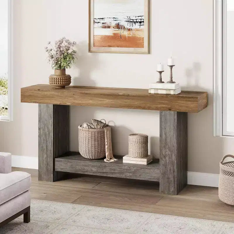 63 Farmhouse Console Table with 2-Tier Storage, Long Entryway & Sofa Table for Living Room and Hallway