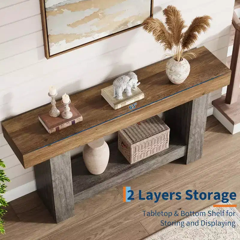 63 Farmhouse Console Table with 2-Tier Storage, Long Entryway & Sofa Table for Living Room and Hallway