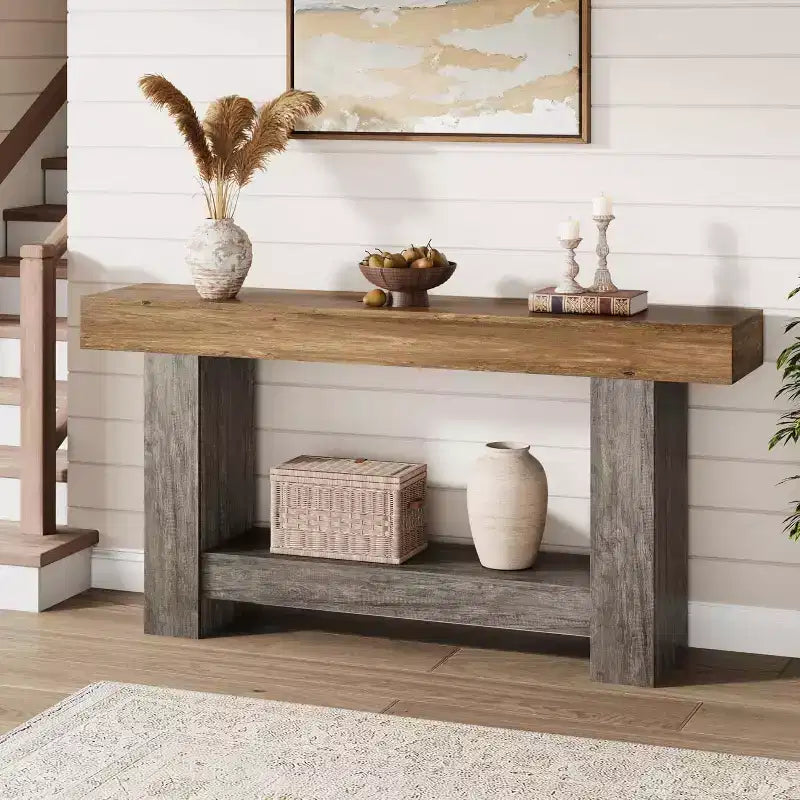 63 Farmhouse Console Table with 2-Tier Storage, Long Entryway & Sofa Table for Living Room and Hallway