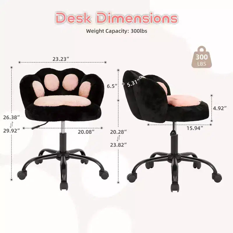 Vanity Chair with Cat Paw Back, Armless Desk Chair Cute Small Office Chair with Wheels,Teddy Fabric 360Rotating Computer Chair, Adjustable Height