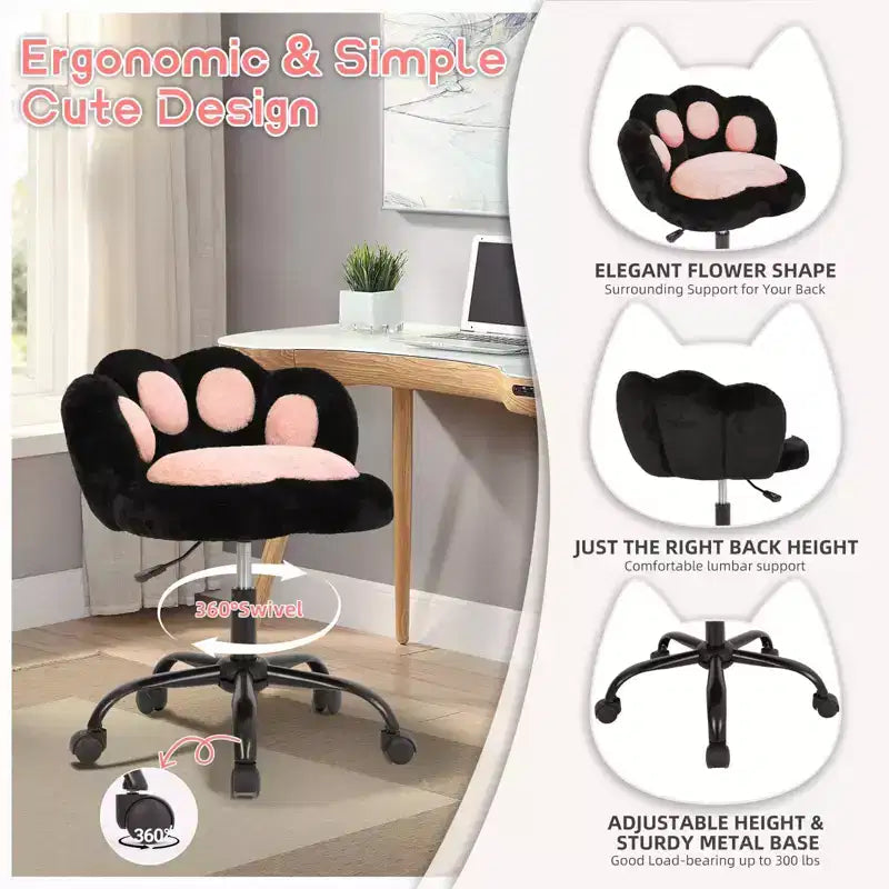 Vanity Chair with Cat Paw Back, Armless Desk Chair Cute Small Office Chair with Wheels,Teddy Fabric 360Rotating Computer Chair, Adjustable Height
