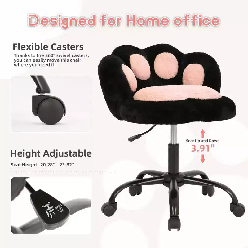 Vanity Chair with Cat Paw Back, Armless Desk Chair Cute Small Office Chair with Wheels,Teddy Fabric 360Rotating Computer Chair, Adjustable Height