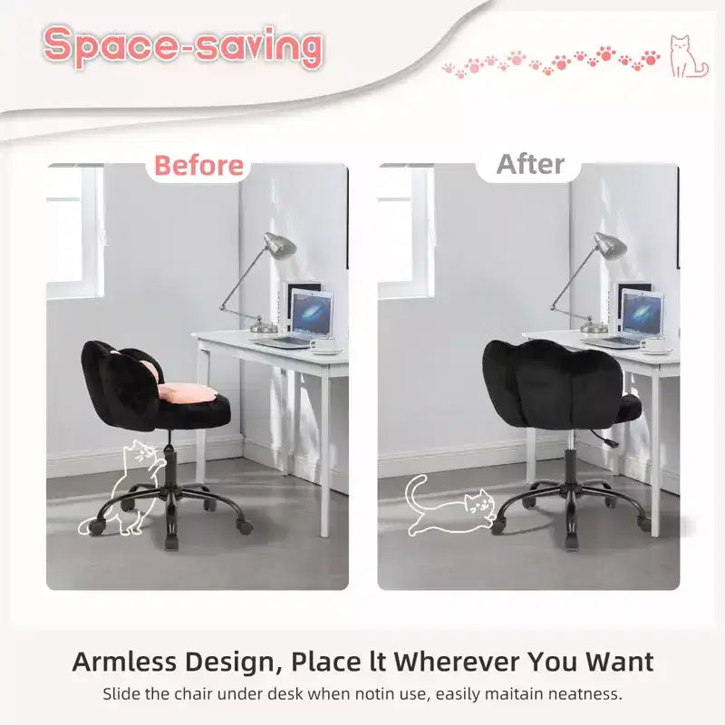 Vanity Chair with Cat Paw Back, Armless Desk Chair Cute Small Office Chair with Wheels,Teddy Fabric 360Rotating Computer Chair, Adjustable Height