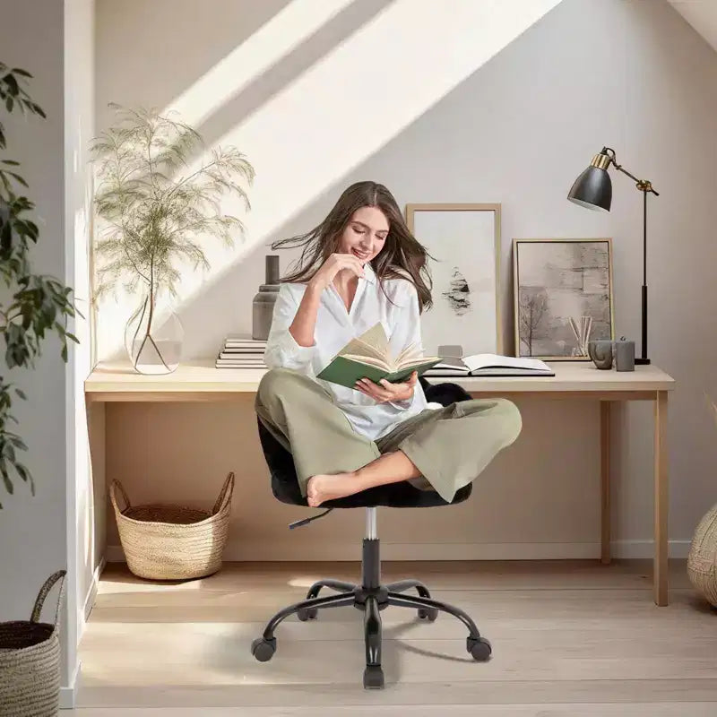 Vanity Chair with Cat Paw Back, Armless Desk Chair Cute Small Office Chair with Wheels,Teddy Fabric 360Rotating Computer Chair, Adjustable Height