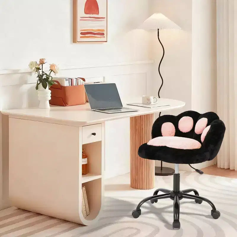 Vanity Chair with Cat Paw Back, Armless Desk Chair Cute Small Office Chair with Wheels,Teddy Fabric 360Rotating Computer Chair, Adjustable Height