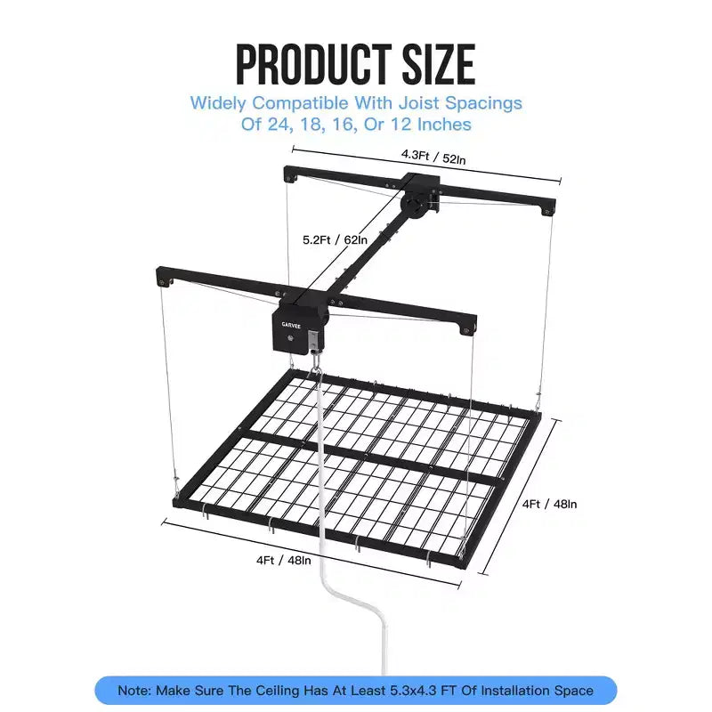Garage Storage Rack Lift, 4x4 ft Ceiling Mounted Storage Racks, 79 Max Adjustable Height, 350lbs Weight Capacity, Heavy-Duty Metal Ceiling Rack