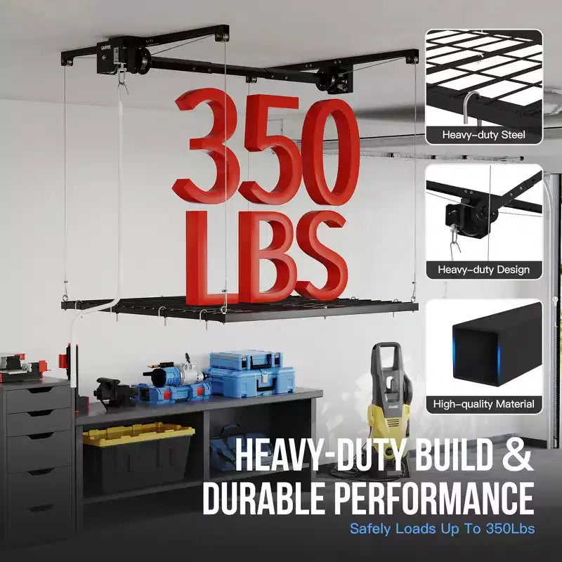 Garage Storage Rack Lift, 4x4 ft Ceiling Mounted Storage Racks, 79 Max Adjustable Height, 350lbs Weight Capacity, Heavy-Duty Metal Ceiling Rack