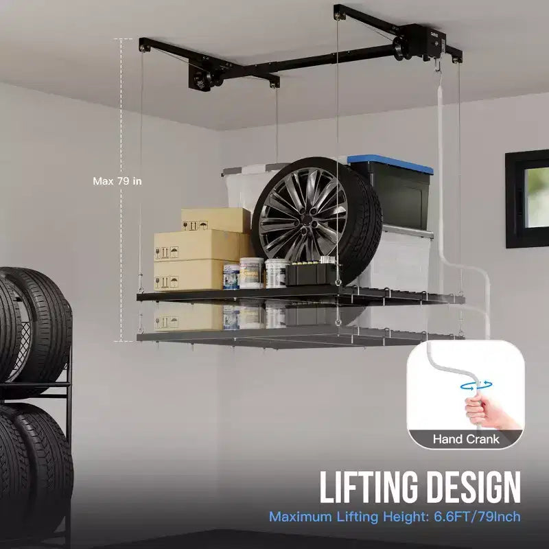Garage Storage Rack Lift, 4x4 ft Ceiling Mounted Storage Racks, 79 Max Adjustable Height, 350lbs Weight Capacity, Heavy-Duty Metal Ceiling Rack