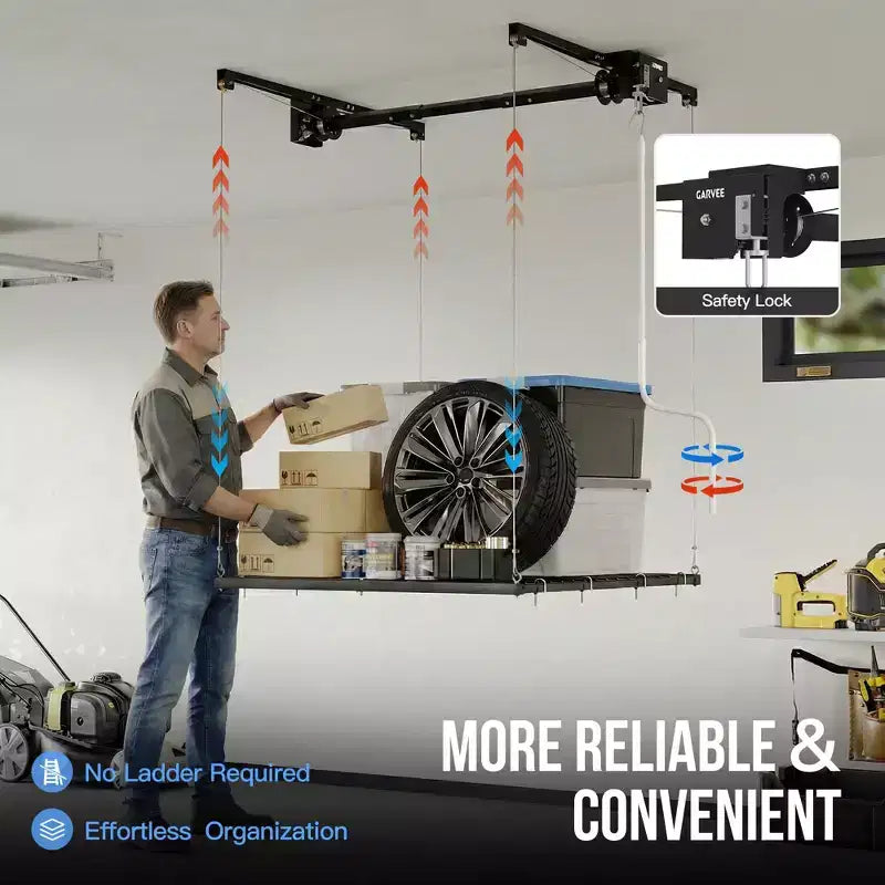 Garage Storage Rack Lift, 4x4 ft Ceiling Mounted Storage Racks, 79 Max Adjustable Height, 350lbs Weight Capacity, Heavy-Duty Metal Ceiling Rack