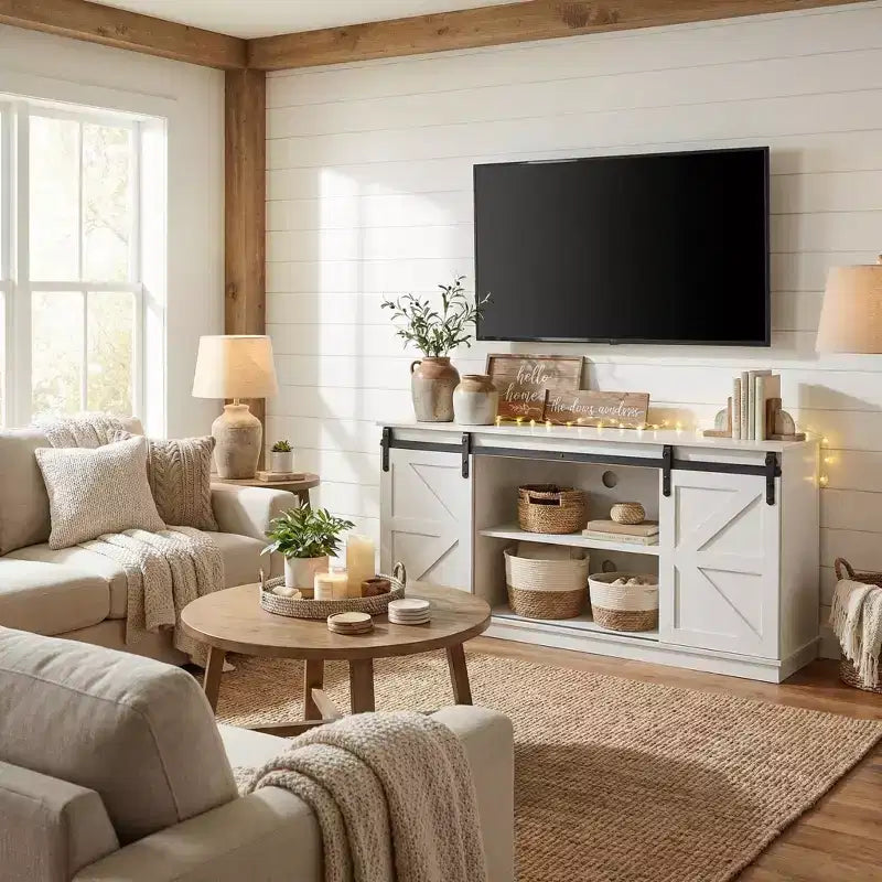 58 Farmhouse TV Stand with Sliding Barn Doors, Media Console with Adjustable Shelves & Cable Management for Living Room