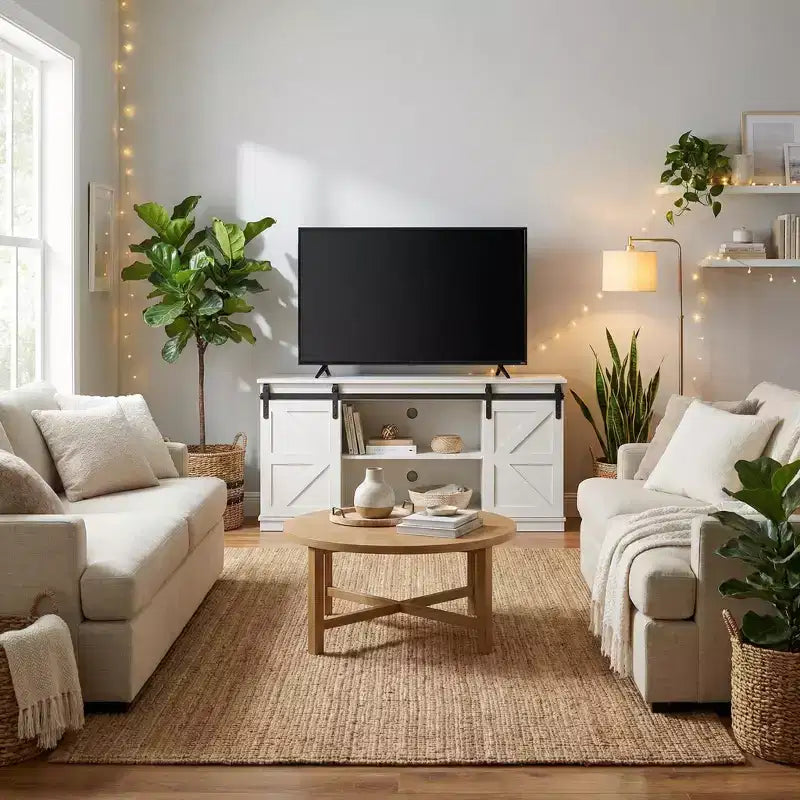 58 Farmhouse TV Stand with Sliding Barn Doors, Media Console with Adjustable Shelves & Cable Management for Living Room