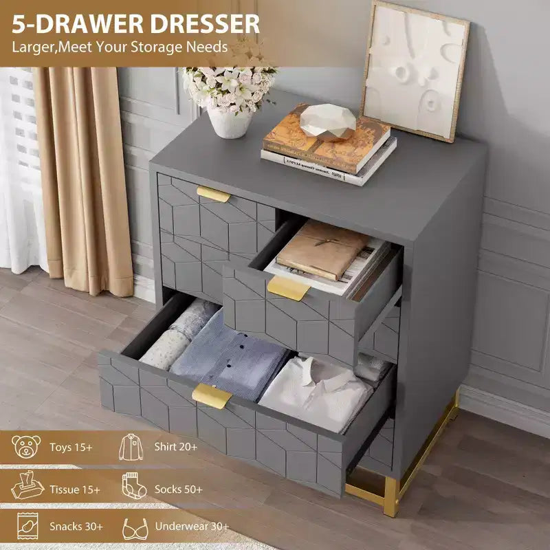 Modern 5-Drawer Dresser with Metal Legs,Wide Storage Chest Organizer for Bedroom, Living Room & Entryway