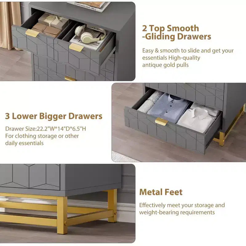Modern 5-Drawer Dresser with Metal Legs,Wide Storage Chest Organizer for Bedroom, Living Room & Entryway