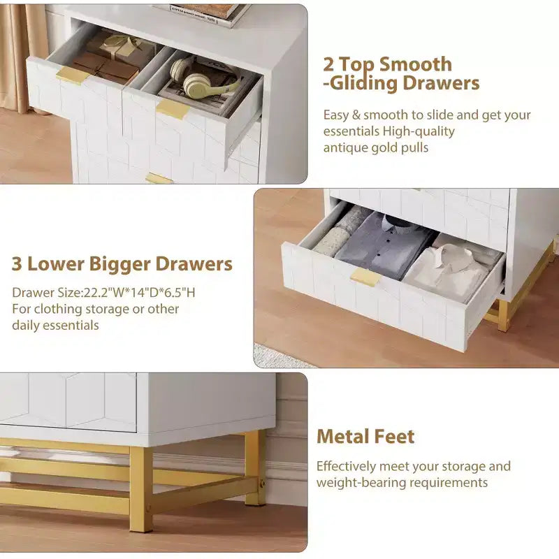 Modern 5-Drawer Dresser with Metal Legs,Wide Storage Chest Organizer for Bedroom, Living Room & Entryway