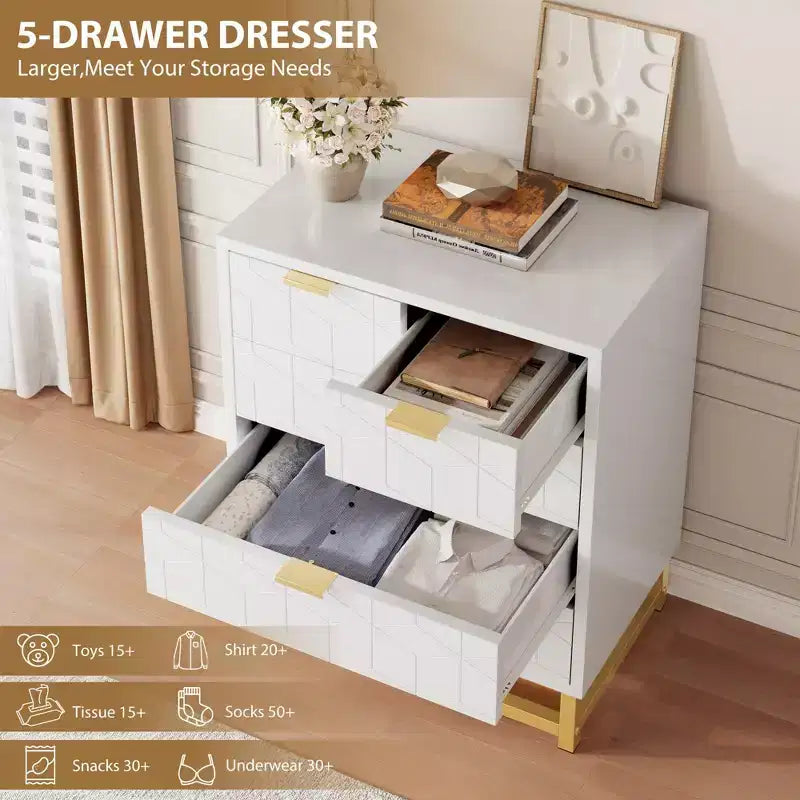 Modern 5-Drawer Dresser with Metal Legs,Wide Storage Chest Organizer for Bedroom, Living Room & Entryway
