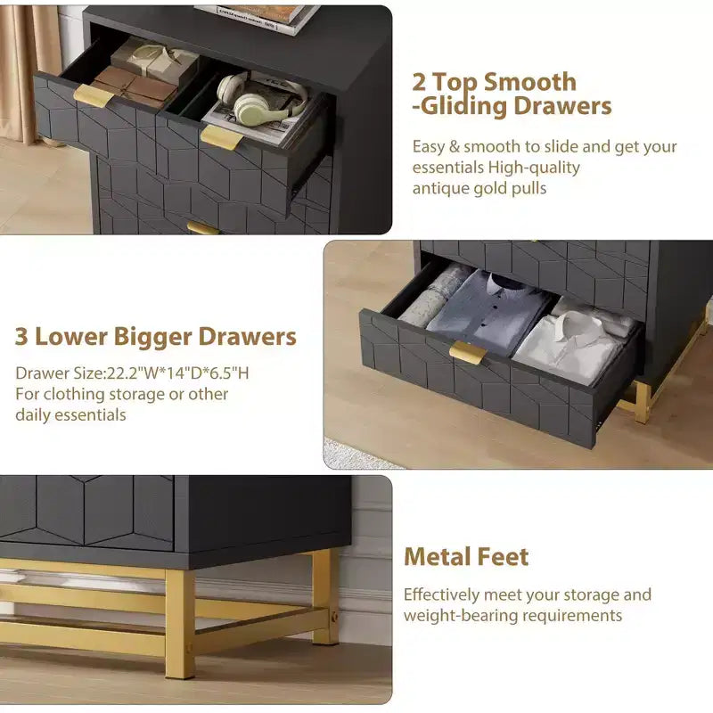 Modern 5-Drawer Dresser with Metal Legs,Wide Storage Chest Organizer for Bedroom, Living Room & Entryway