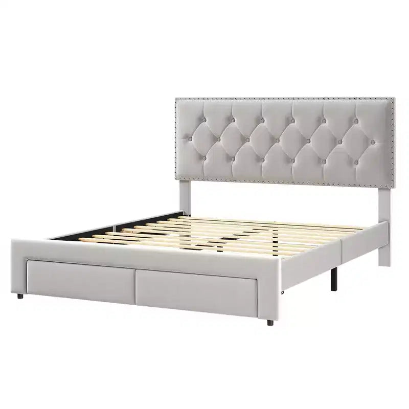 Giroletto con 2 cassetti contenitore, testiera vintage in velluto, struttura in legno e metallo, supporto a doghe in legno, silenzioso, non necessita di box spring