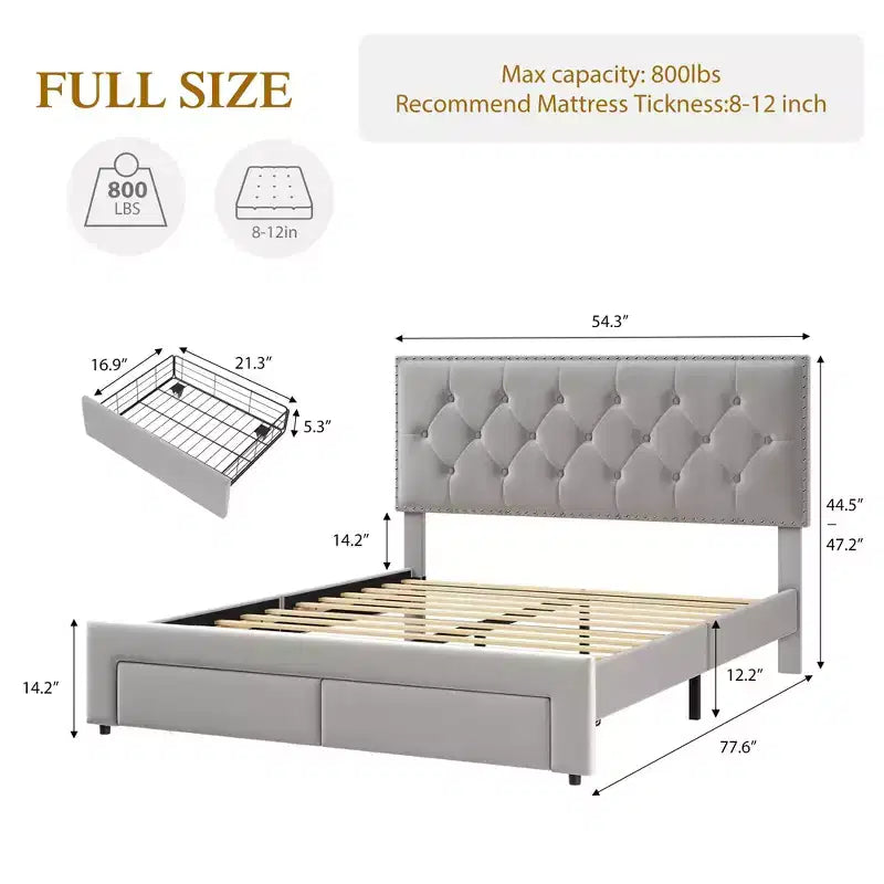 Giroletto con 2 cassetti contenitore, testiera vintage in velluto, struttura in legno e metallo, supporto a doghe in legno, silenzioso, non necessita di box spring