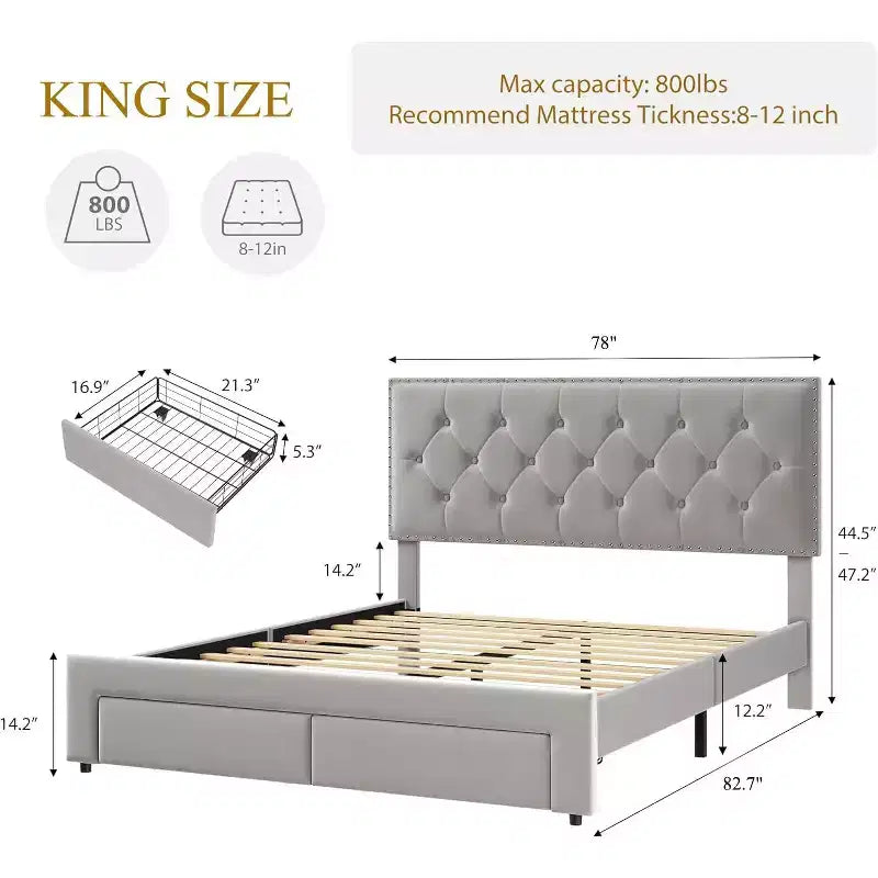 Giroletto con 2 cassetti contenitore, testiera vintage in velluto, struttura in legno e metallo, supporto a doghe in legno, silenzioso, non necessita di box spring