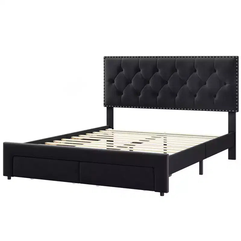 Bed Frame with 2 Storage Drawers,Vintage Velvet Headboard Wooden & Metal Bedframe,Wooden Slat Support, Noise Free, No Box Spring Needed