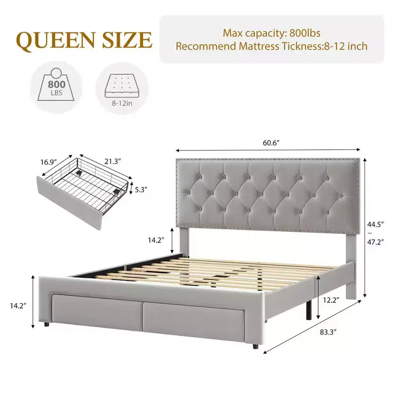 Giroletto con 2 cassetti contenitore, testiera vintage in velluto, struttura in legno e metallo, supporto a doghe in legno, silenzioso, non necessita di box spring