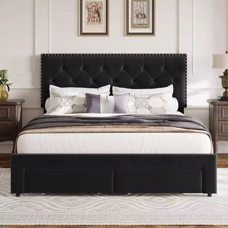 Bed Frame with 2 Storage Drawers,Vintage Velvet Headboard Wooden & Metal Bedframe,Wooden Slat Support, Noise Free, No Box Spring Needed