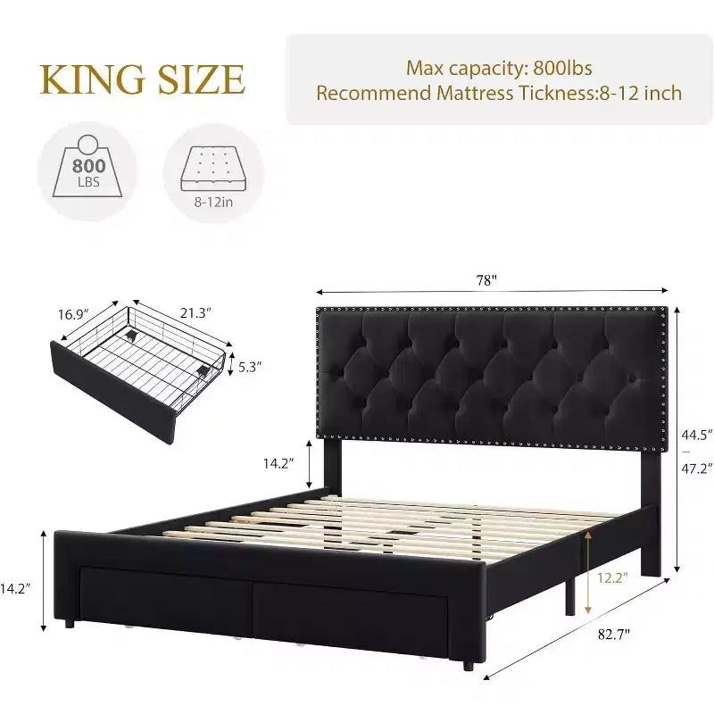 Giroletto con 2 cassetti contenitore, testiera vintage in velluto, struttura in legno e metallo, supporto a doghe in legno, silenzioso, non necessita di box spring