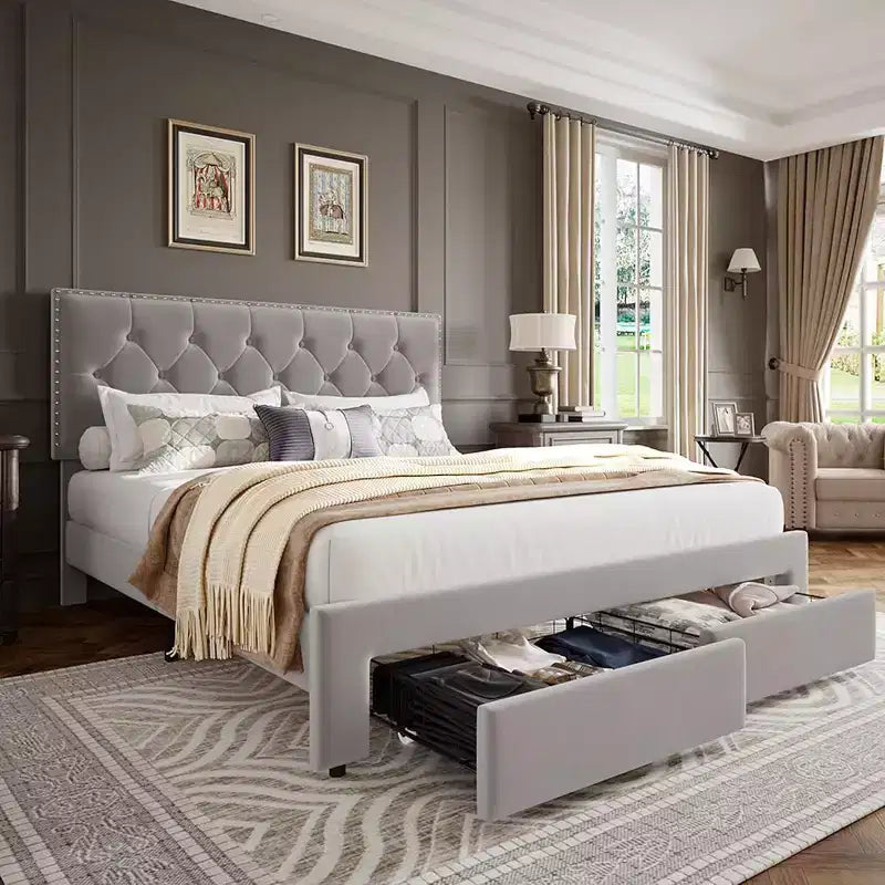 Bed Frame with 2 Storage Drawers,Vintage Velvet Headboard Wooden & Metal Bedframe,Wooden Slat Support, Noise Free, No Box Spring Needed