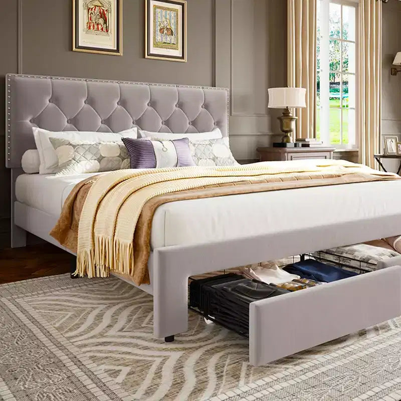 Bed Frame with 2 Storage Drawers,Vintage Velvet Headboard Wooden & Metal Bedframe,Wooden Slat Support, Noise Free, No Box Spring Needed