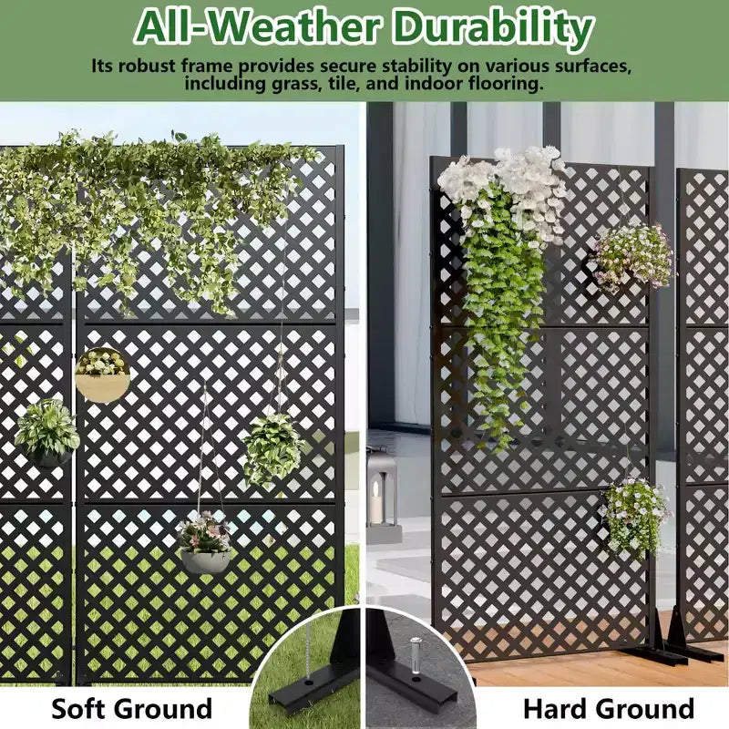 Black Galvanized Steel Room Divider, 59x30x16, 5-Piece Double-Sided Privacy Screen