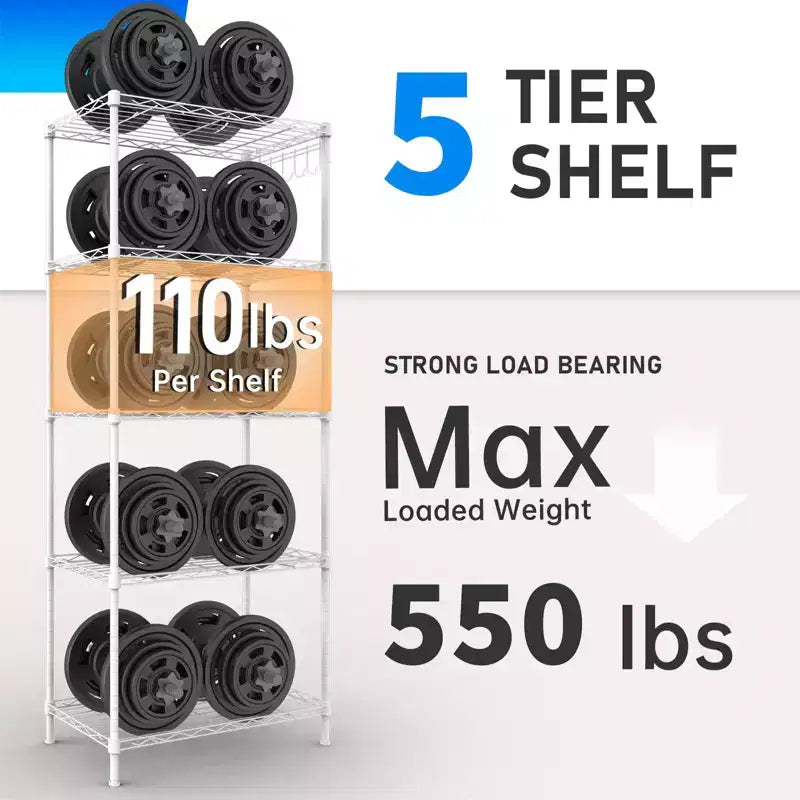 59'' White 5 Tier Storage Rack Adjustable Tier Spacing Height