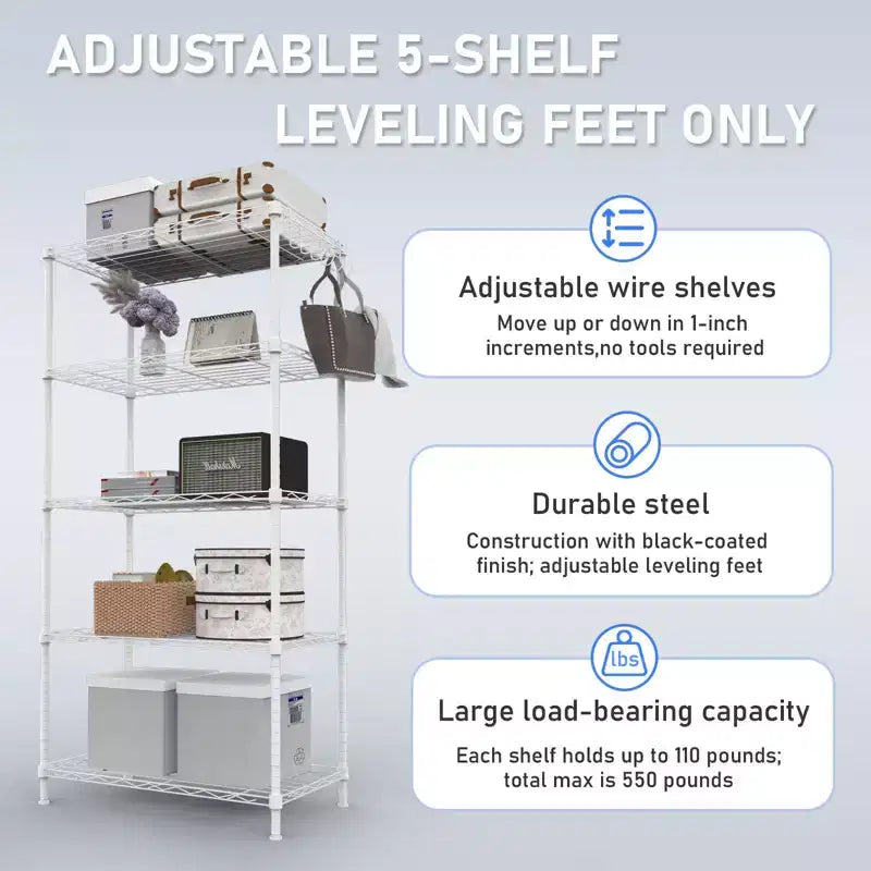 59'' White 5 Tier Storage Rack Adjustable Tier Spacing Height