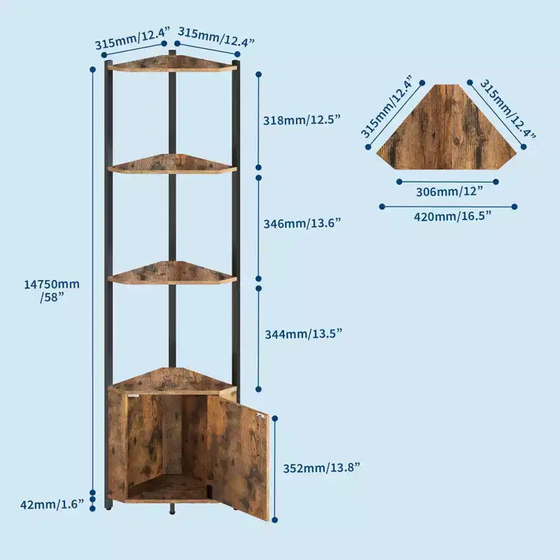 5-Tier Tall Corner Shelf - 58 Corner Display Cabinet with Solid Wood Shelves - Heavy Duty Standing Shelf Organizer for Living Room, Bedroom,Kitchen