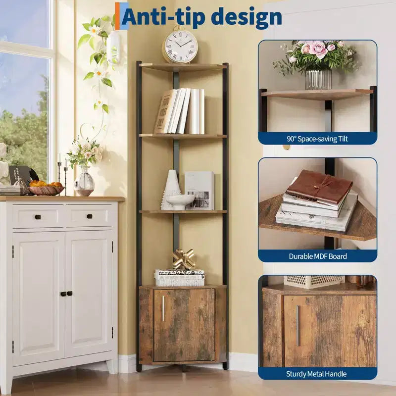 5-Tier Tall Corner Shelf - 58 Corner Display Cabinet with Solid Wood Shelves - Heavy Duty Standing Shelf Organizer for Living Room, Bedroom,Kitchen