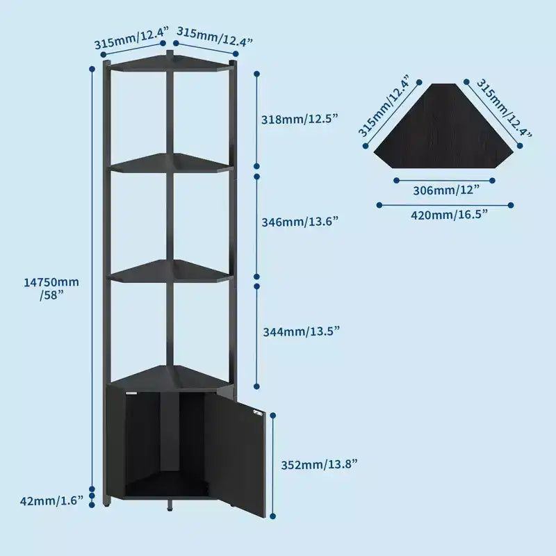 5-Tier Tall Corner Shelf - 58 Corner Display Cabinet with Solid Wood Shelves - Heavy Duty Standing Shelf Organizer for Living Room, Bedroom,Kitchen