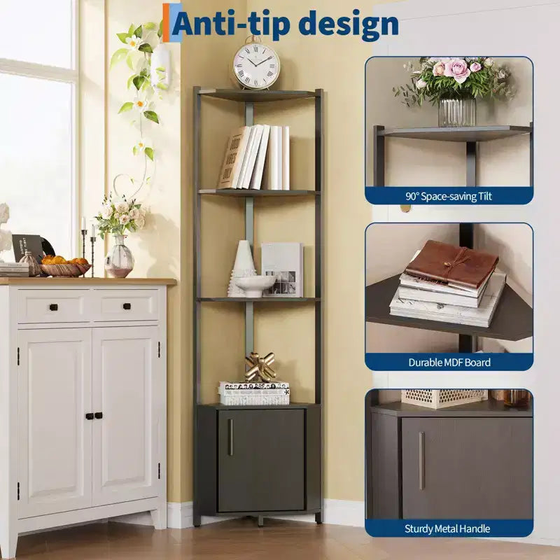 5-Tier Tall Corner Shelf - 58 Corner Display Cabinet with Solid Wood Shelves - Heavy Duty Standing Shelf Organizer for Living Room, Bedroom,Kitchen