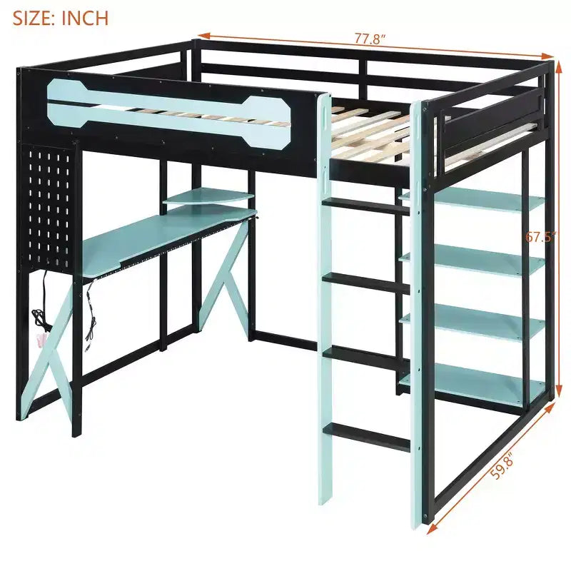 Struttura Letto a Soppalco in Legno Massello con Scrivania, Mensole, Presa di Corrente e Porte USB/Type-C