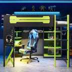 Hochbettgestell aus Massivholz mit Schreibtisch, Regalen, Steckdose und USB-/Type-C-Anschlüssen
