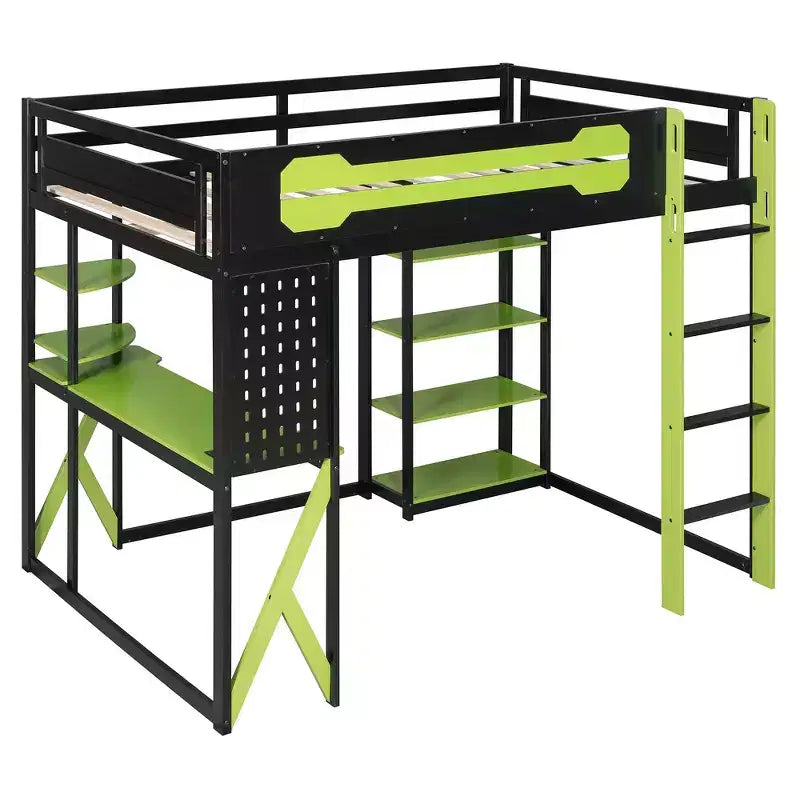 Struttura Letto a Soppalco in Legno Massello con Scrivania, Mensole, Presa di Corrente e Porte USB/Type-C